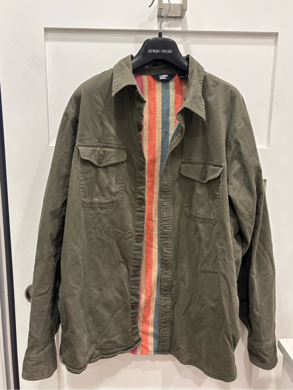 Lands' End Olive Green Lightweight Shirt Jacket with Striped Liner
